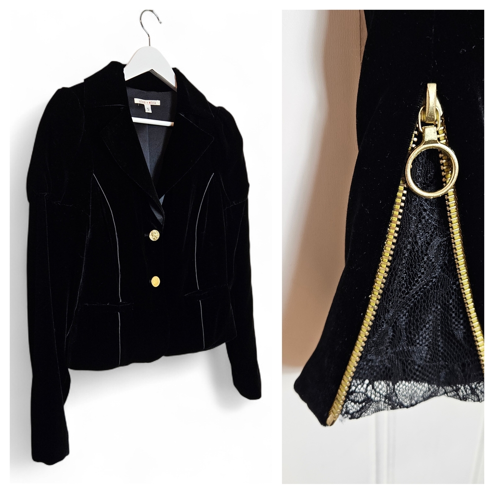 Alice + Olivia Blazer Size S Cropped Velvet Gold Buttons Lace Cuffs Black Jacket